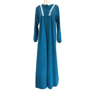Vtg Bernette New York Velour Nightgown Long Size L Blue-Green Ruffle Lace Pocket